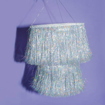 16" xo, Fetti Fringe Tinsel Chandelier - Iridescent Silver Foil, | Bachelorette Party Decorations, Birthday Photo Booth