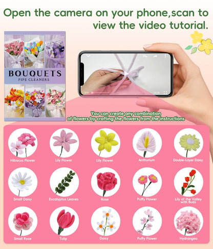 772PCS Complete Pipe Cleaner Flower Kit Pipe Cleaners Bulk Craft Supplies Chenille Stems Flower Making Kit with Instruction Floral Wires Tape for Festival Home Decorations, Art Supplies