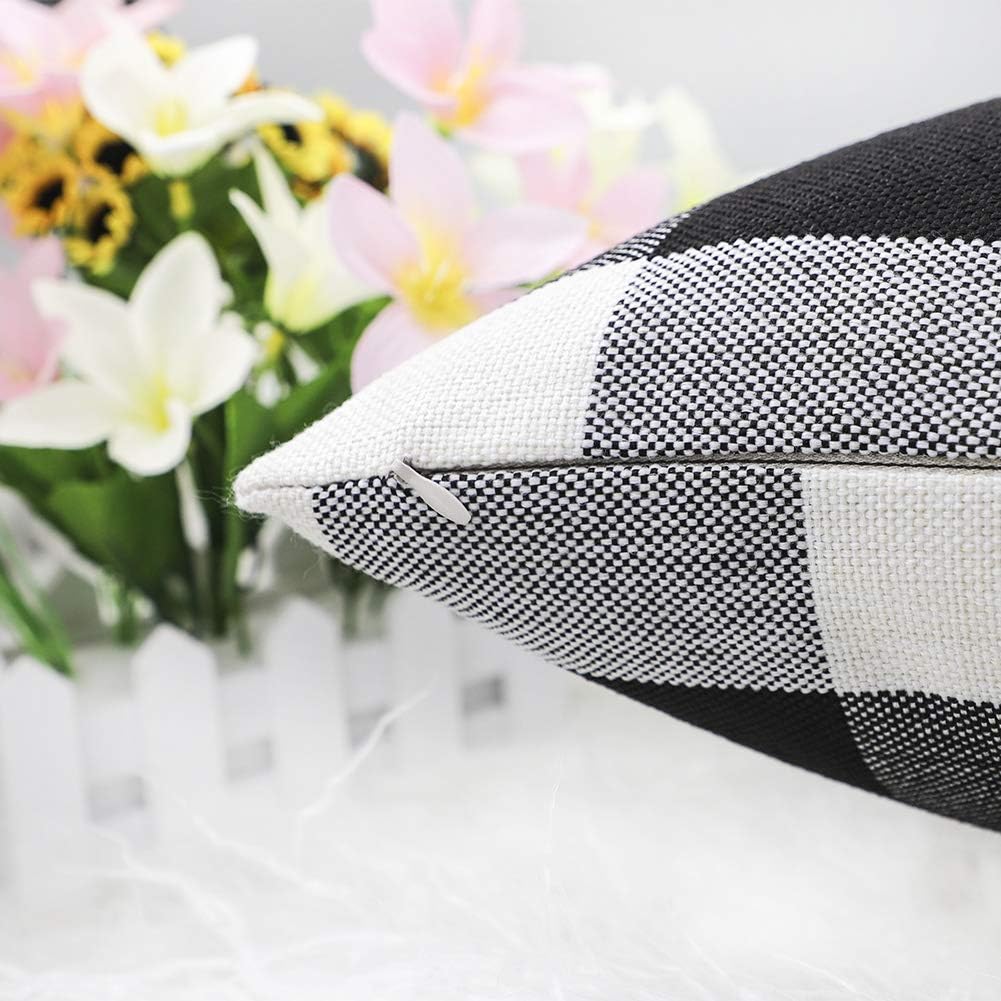 4TH Emotion Set of 2 Black and White Farmhouse Buffalo Check Plaid Throw Pillow Covers, 16 x 16 Inches