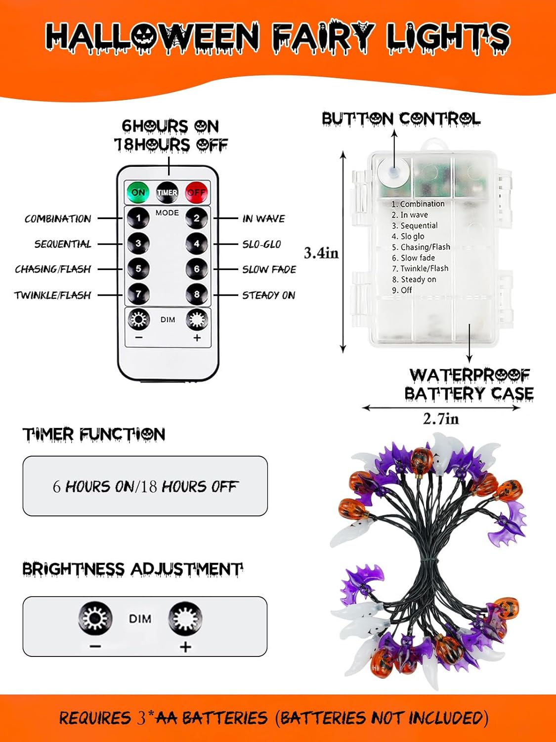 Skiennix Halloween String Lights - 3D Pumpkin, Bat & Ghost Fairy Lights | Battery Operated, 30 LEDs, Waterproof, 8 Modes & Timer for Indoor/Outdoor Decor