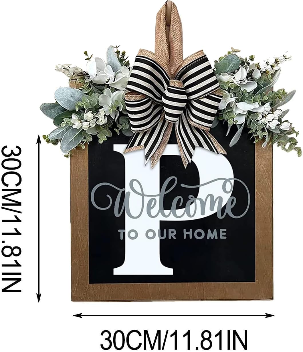 Last Name All Year Round Front Door Wreath with 26 Initial Letter Welcome Sign All Seasons Eucalyptus Garland and Bow ，Farmhouse, Porch, for Spring Summer Fall All Seasons Holiday Halloween Christmas.（P）