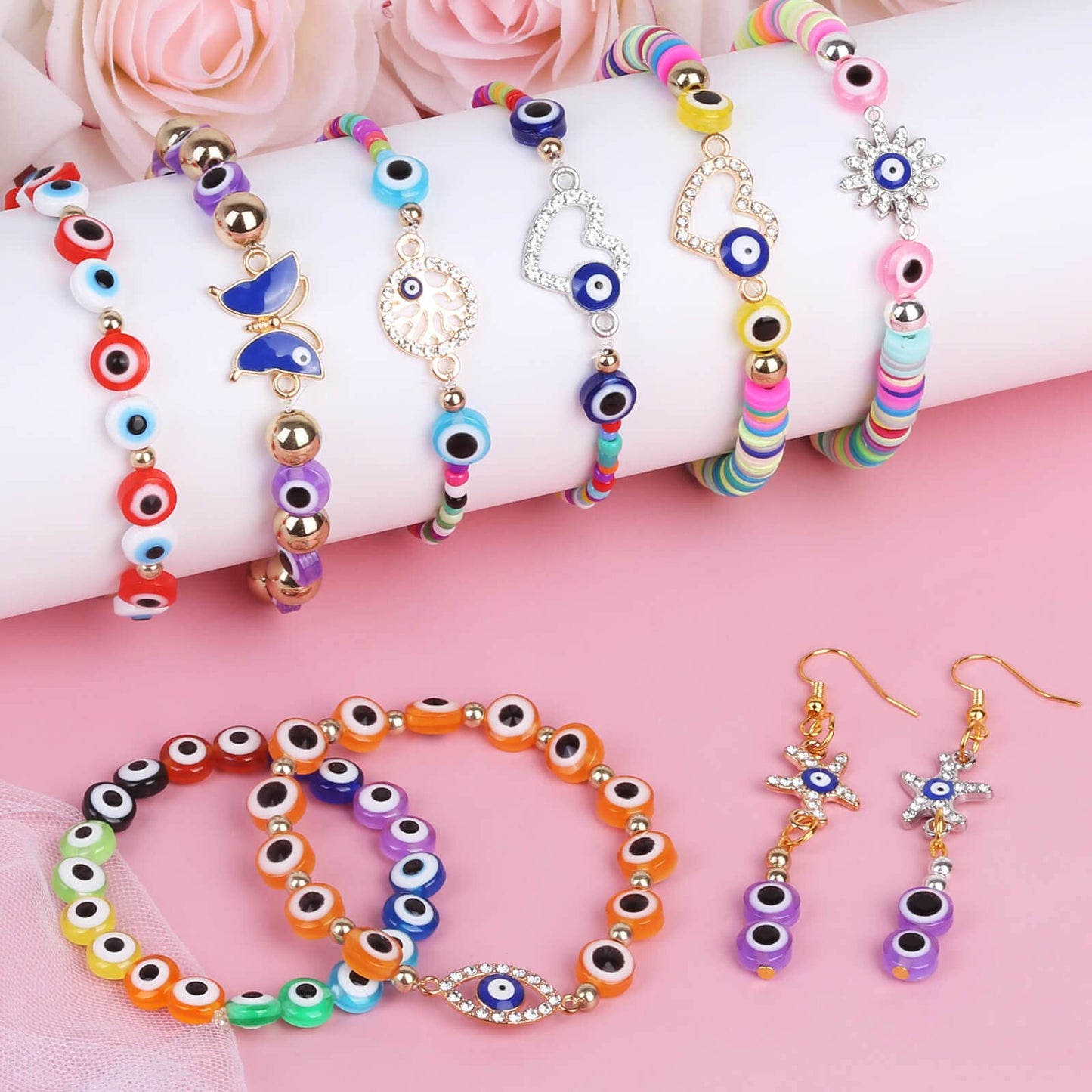 Acejoz 2702 Pieces Bracelet Making Kit, Including Evil Eye Beads, Evil Eye Charms, Assorted Beads and Elastic String for Bracelets