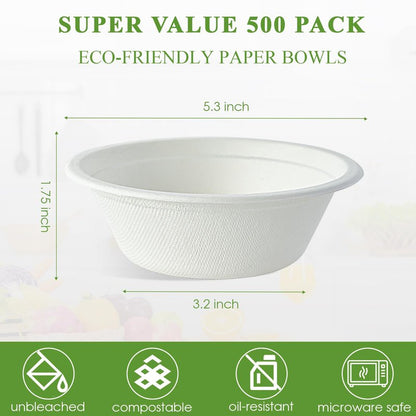 Vplus 500 Pack 12 OZ Paper Bowls Bulk, Disposable Compostable, Eco-friendly Bagasse, Heavy-duty Bowls Perfect for Milk Cereals, Snacks, Salads