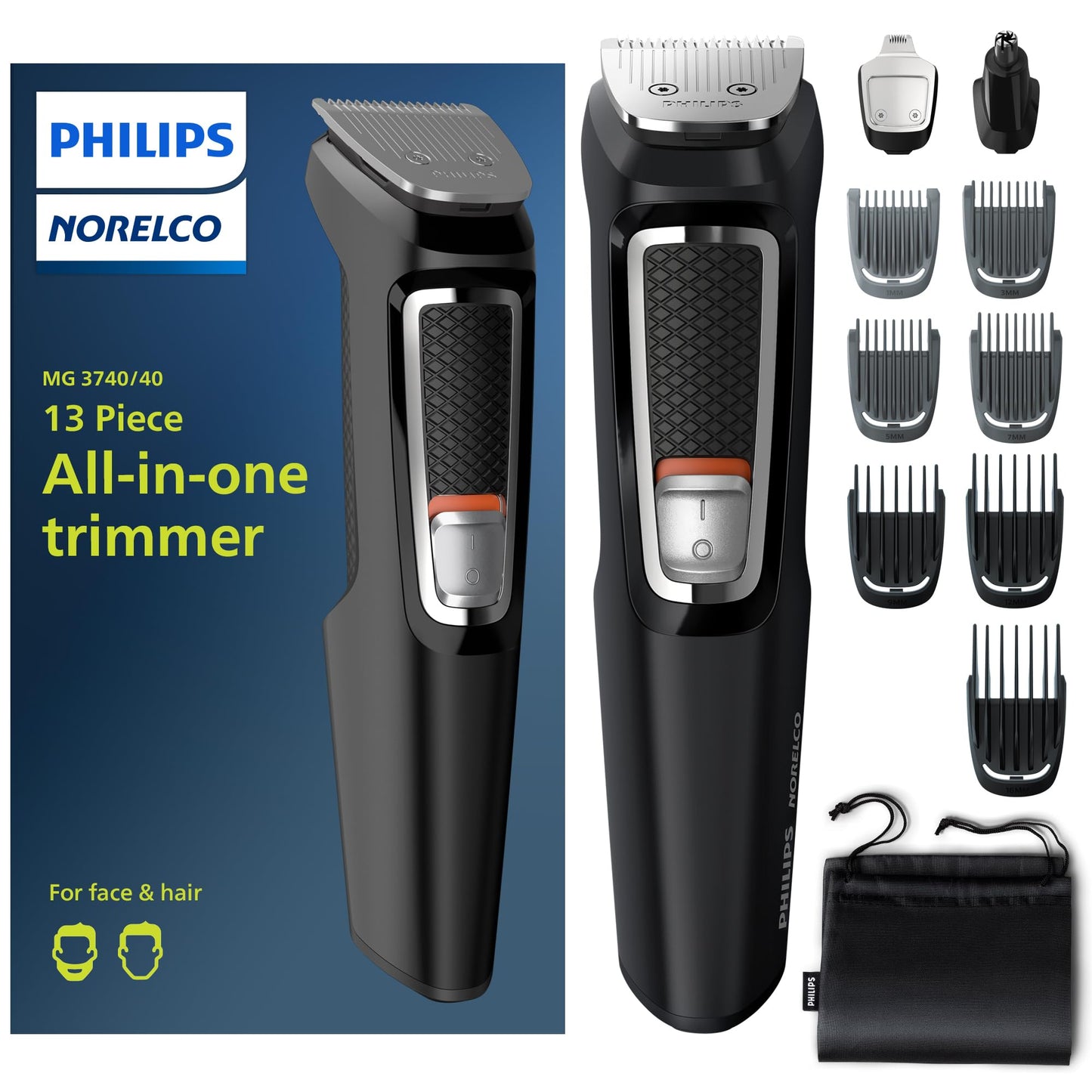 Norelco Philips Multigroom 3000 Series, All-in-One Trimmer, Beard Trimmer and Hair Clipper, 15-Piece Men's Grooming Kit for Head, Beard, Face, Nose, Ears, No Blade Oil Needed, Soft Pouch, MG3770/40