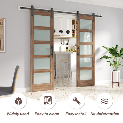 FREDBECK Double 24 x 84 inch Glass Barn Doors 48inch Barn Door with 8FT Hardware Kit & Handle Included,5-Panel Frosted Glass,LVL Wood Panel,Water-Proof PVC Surface,Pre-Drilled Holes,Need Assembly