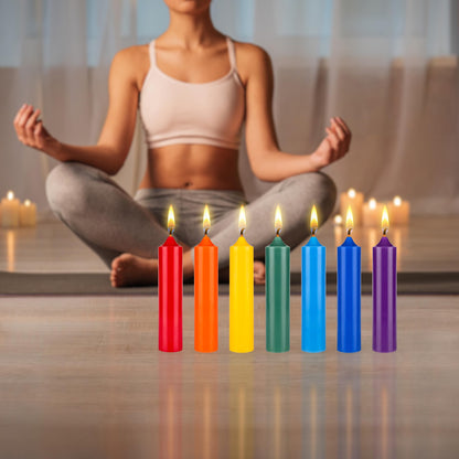 Mega Candles 7 pcs Unscented Bell Top Pillar Chakra Candles, Hand Poured Premium Wax Candle 1.5 Inch x 6.75 Inch, 100% Cotton Wick, Positive Healing Energy, Meditation, Relaxation, Reiki, Yoga