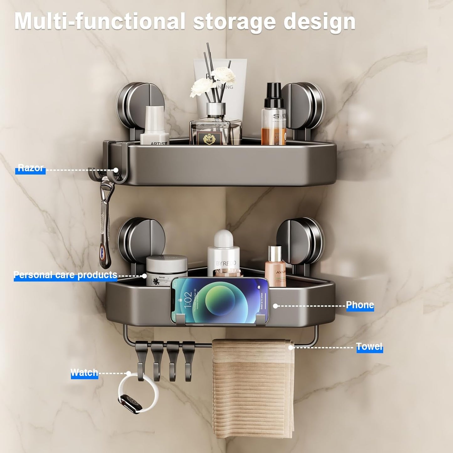 1 Pack Mustorn Suction Cup Shower Caddy Corner, Suction Corner Shower Shelves No Drilling, Rustproof Shower Organizer