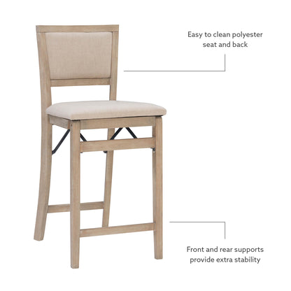 Linon Keira Natural Rustic Wooden Folding 25 Inch Seat Height Counter Stool with Beige Upholstered Seat and Back