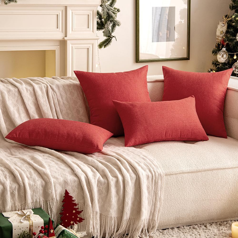 Woaboy Set of 2 Red Outdoor Throw Pillow Covers, Decorative Farmhouse Linen Cushion Cases for Living Room 12x20 inch