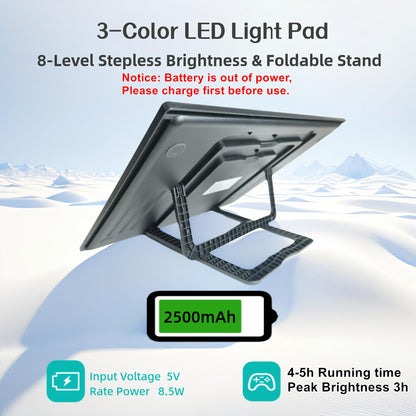 A3 Wireless Rechargeable Tracing Light Pad, 3-Colors & 8-Level Adjustable Brightness, 2500mAh Battery Powered Ultra-Thin Light Board with Foldable Stand for Diamond Art Painting