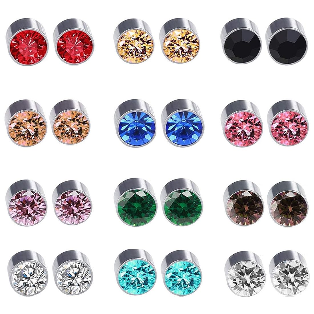 LIUJZZJ 12 Pairs Crystal Rhinestone Magnetic Clip Non Piercing Fake Earrings Fashion Jewelry（Multi-Color）