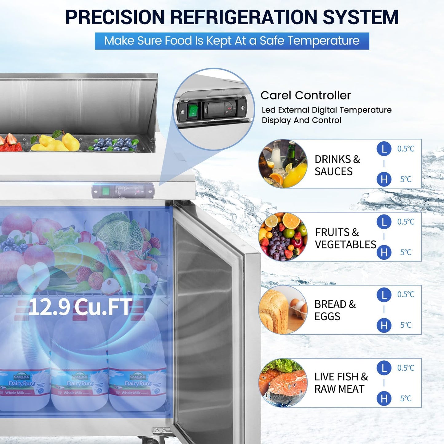 kalifon 48" W 2 Door Refrigerator Sandwich Salad Prep Table Commercial Stainless Steel Fan Cooling Refrigerator with Cutting Board, 2 Shelves & 18 Pans for Restaurant, Bar, Shop-12.9 Cu.ft
