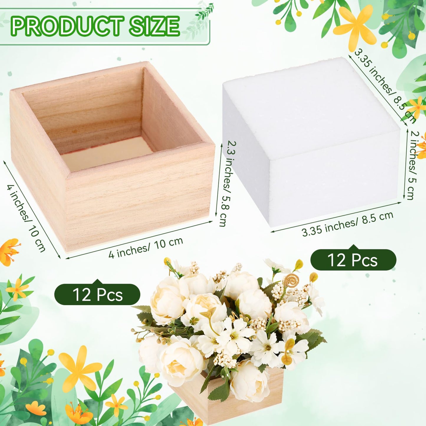 Suzile 12 Sets Square Rustic Wooden Box for Centerpiece Planter Box with Foam Blocks 4 Inch Unfinished Small Square Cube Vase for Wedding Floral Arrangement, Baby Showers, Home Garden Decor Craft