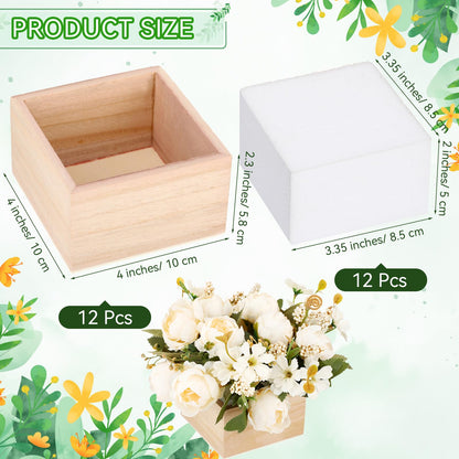 Suzile 12 Sets Square Rustic Wooden Box for Centerpiece Planter Box with Foam Blocks 4 Inch Unfinished Small Square Cube Vase for Wedding Floral Arrangement, Baby Showers, Home Garden Decor Craft
