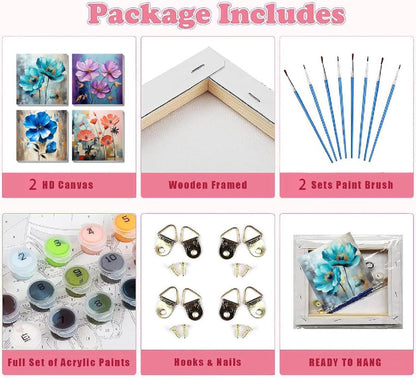 4 Pack Paint by Numbers Kit for Adults Beginners Framed - Flowers Adults Paint by Numbers Kits on Canvas with Paints and Brushes, Flowers Small Oil Paint by Number Kits for Home Decor 8 X 8 Inch