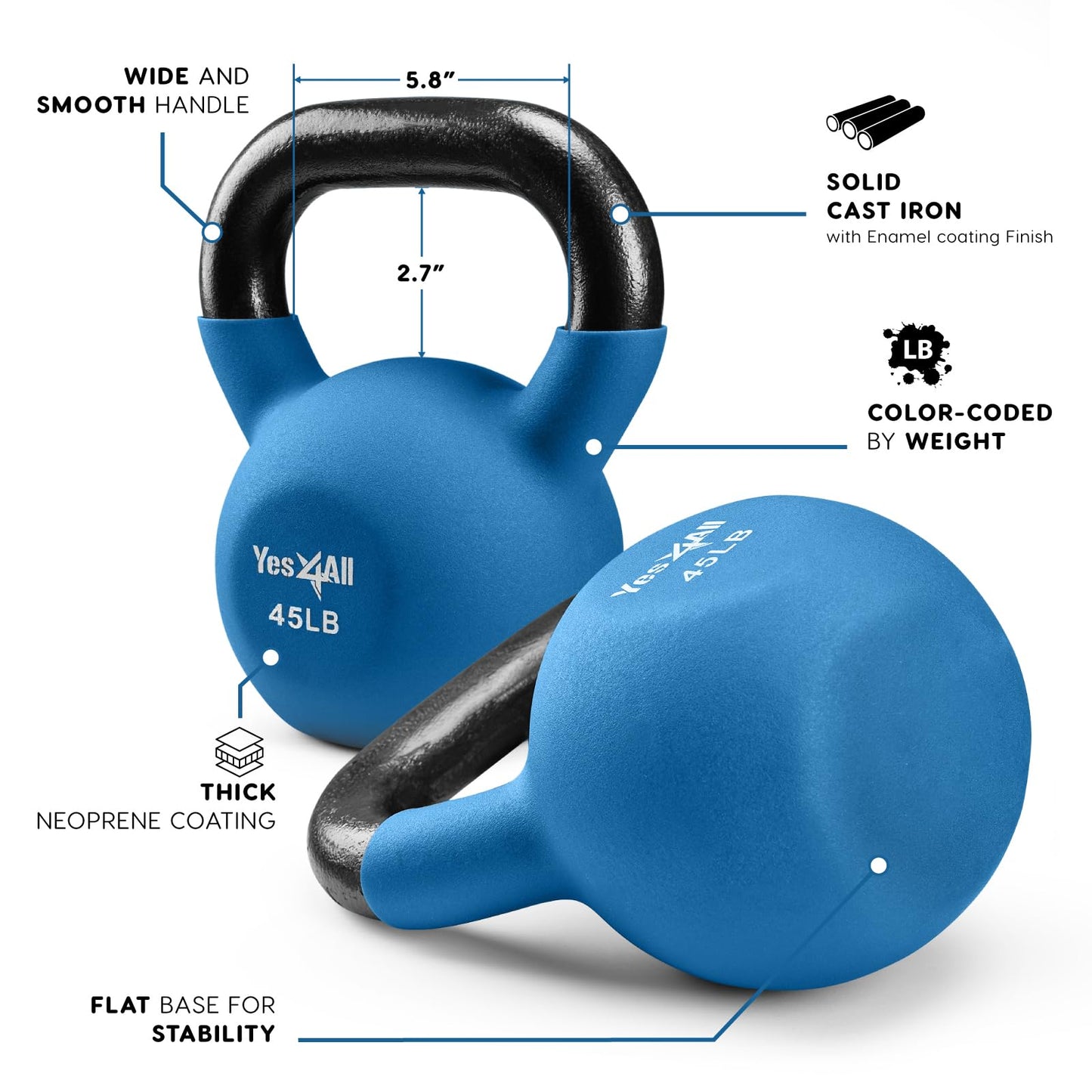 Yes4All Kettlebell, 5-65 LB Neoprene Coated Cast Iron Kettlebells, Wide Grip Handle & Flat Bottom for Swings, Squats, Deadlifts, Push Ups & Full Body Training at Home Gym - Single & Set