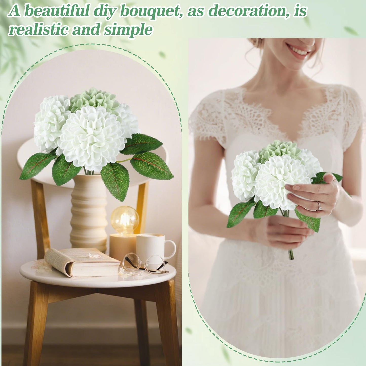 Giegxin 50 Pcs Sage Green Artificial Flowers with Stem for DIY Wedding Bouquets Centerpieces Arrangements, Green and White Dahlia Flowers for Bridal Shower Party Home Decorations, 3.15 Inches