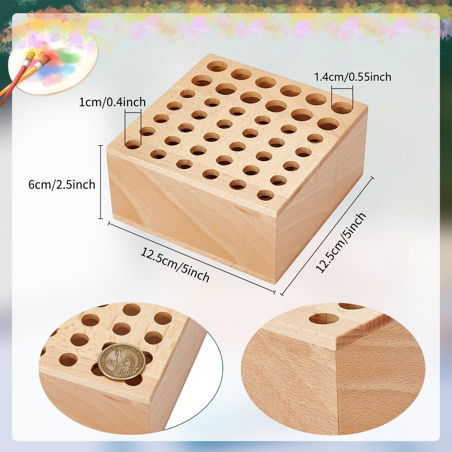 twinklemon Beechwood Paint Brush Holder 42 Holes Paint Brush Storage Organizer Paintbrush Holder Organizer Wooden Block Pencil Holder for Makeup Brushes Pens and Art Tools