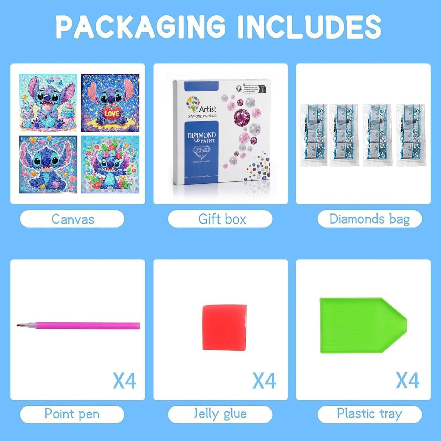 LWZAYS 4 Pack 5D Cartoon Diamond Painting Kits for Kids Beginners, Diamond Art Kit for Kids Ages 8-12, Mosaic DIY Full Round Drill Big Gem Art for Kid, Home Wall Decoration 6X6 inch (with Gift Box)