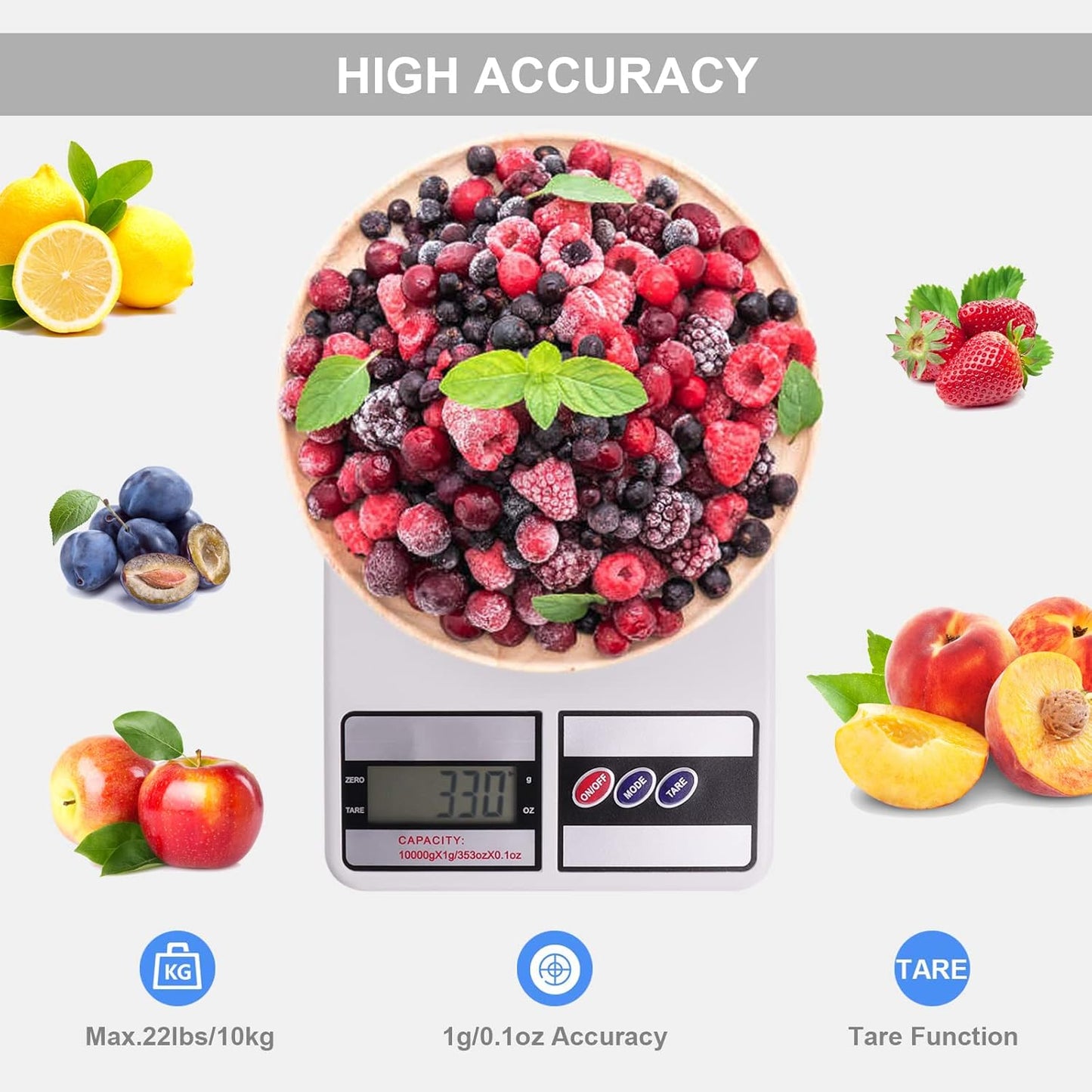 Kinstecks 10KG Digital Kitchen Scales, Portable Electronic Cooking Scale with Tara Function for Home Office