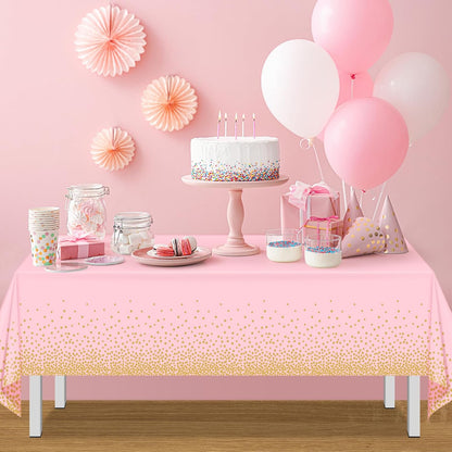1 Pack 54x108" Pink and Gold Plastic Tablecloth for Parties, Pink Disposable Table Cloth for Rectangle Tables, Gold