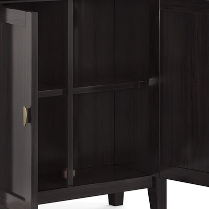 SIMPLIHOME Redmond Storage Cabinet - 32 inch Wide Solid Wood 2-Shelf Low Storage Cabinet in Hickory Brown, Transitional Accent Cabinet for Entryway with Adjustable Shelves and Tapered Legs