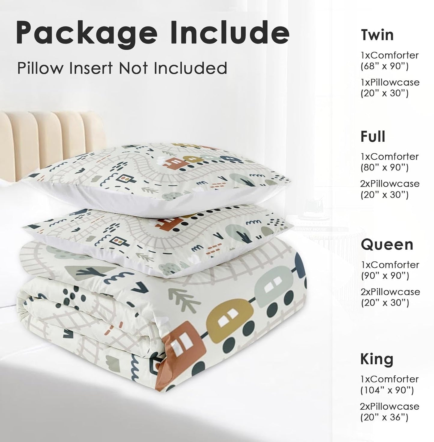 Set Cozy Set Comforter with Pillowcase Twin Size, Cute Forest Car Train City Map, Bedding Decor Funny Nursery Cartoon