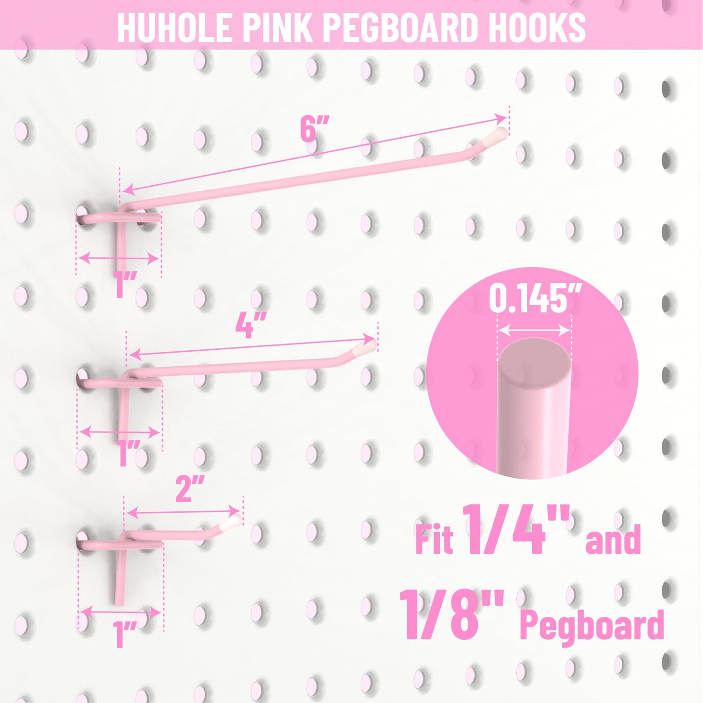 HUHOLE 50-Pack Pink Pegboard Hooks 2 Inch, Decorative Metal Peg Board Hangers with Rubber Safety Tips, Fits 1/8" & 1/4" Boards, Heavy Duty Organizer for Craft Room, Nursery, Garage & Retail Display