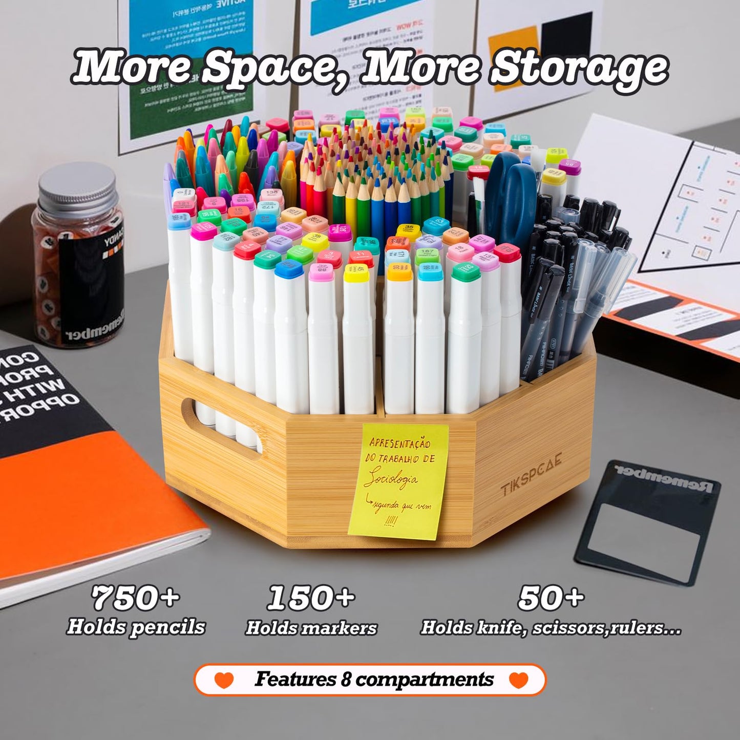 TIKSPCAE 360° Rotating Art Supply Organizer, Holds 750+ Pencils, Bamboo Marker & Pen Holder with Handles, Desk Storage Caddy for Paint Brushes, Crayons, Ideal for Office, Home, Classroom