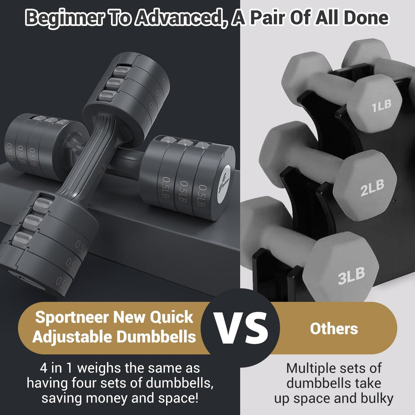 Adjustable Dumbbells Hand Weights Set: Sportneer 1 Pair 0.9-4.5KG (0.9-2.3KG) Fast Adjust Dumbbell Weight 6 In 1 Free Weights Barbells For Women Men Home Gym Workout Exercise Strength Training