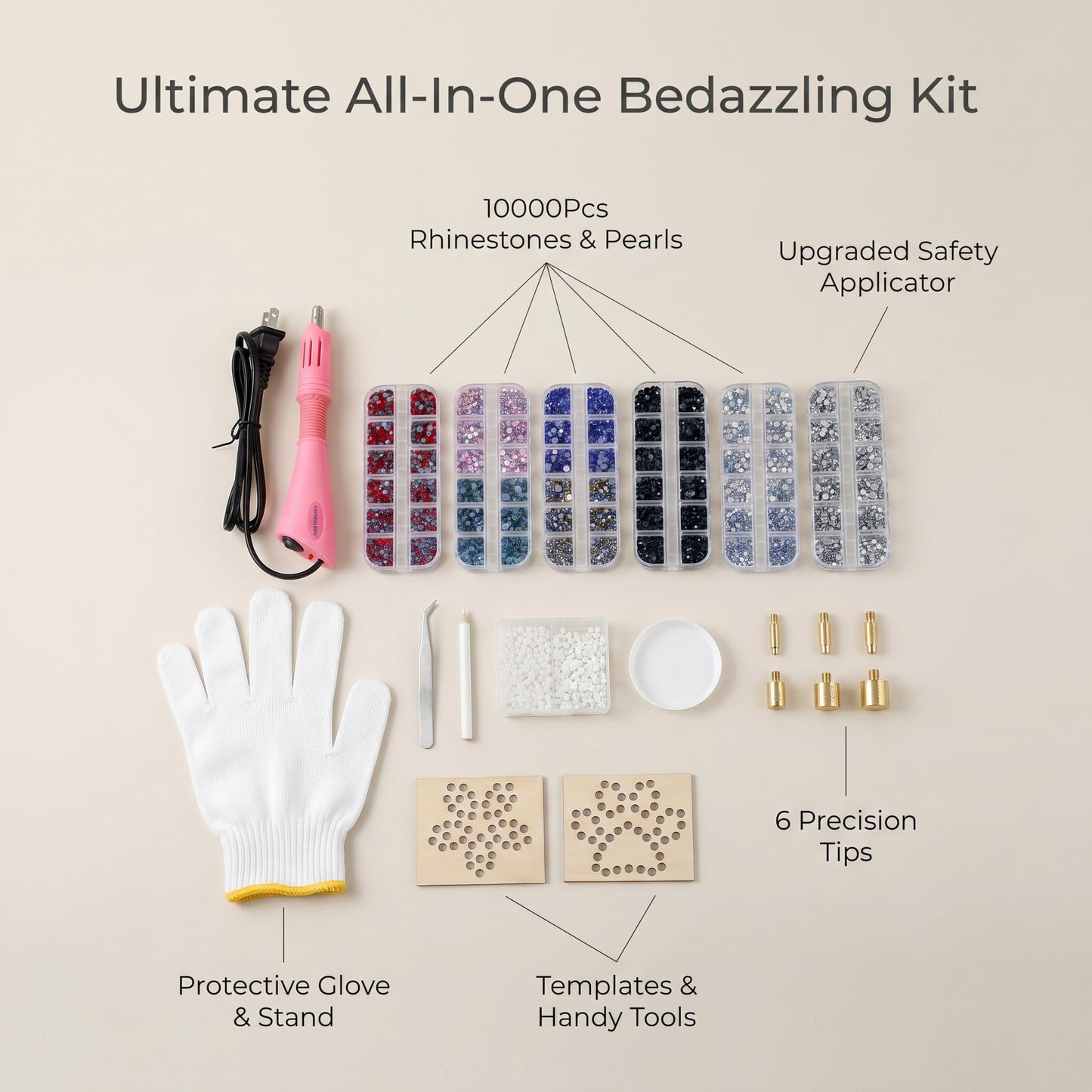 Worthofbest Hot Fix Rhinestone Applicator Tool Kit, 10000Pcs 3/4/5mm Glass Rhinestones & 5mm Hotfix Pearls, Rhinestone Setter with 6 Tips, Stand, Glove, Tray, Templates for Fabric Clothing DIY