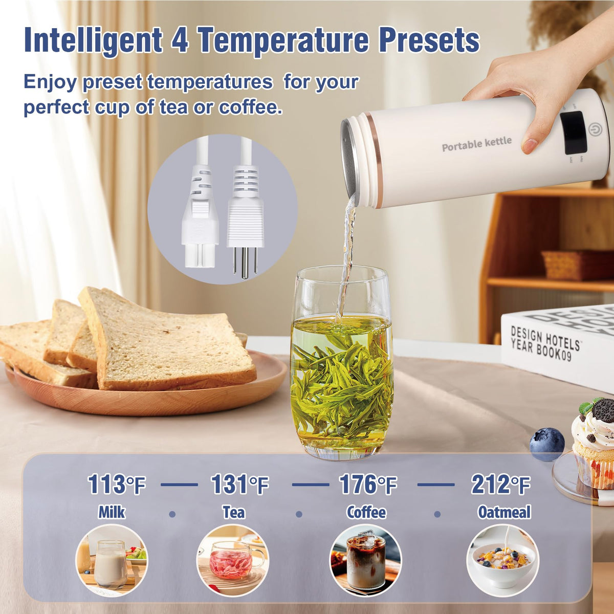Travel Electric Kettle Portable Mini Kettle,Small Hot Water Boiler with 4 Temperature Settings,304 Stainless Steel,Fast Boiling Water with Auto Shut-Off and Boil Dry Protection,400ml (Beige, 400ML)
