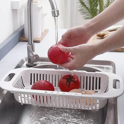 MineSign Extendable Over the Sink Colander Fruits and Vegetables Drain Basket Adjustable Food Strainer Sink Washing Basket for Kitchen (Blue)