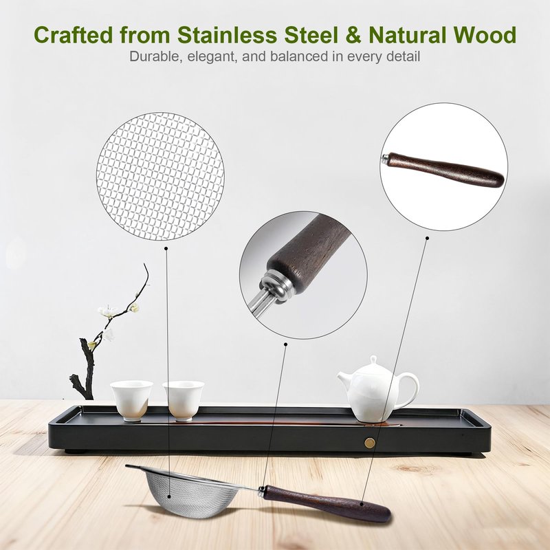 Suhfuib Matcha Sifter - Precision 30-Mesh Stainless Steel Fine Powder Strainer, Wooden Handle, 3-Inch Small Metal Sieve for Tea Ceremony & Cocoa, Hand Wash Recommended