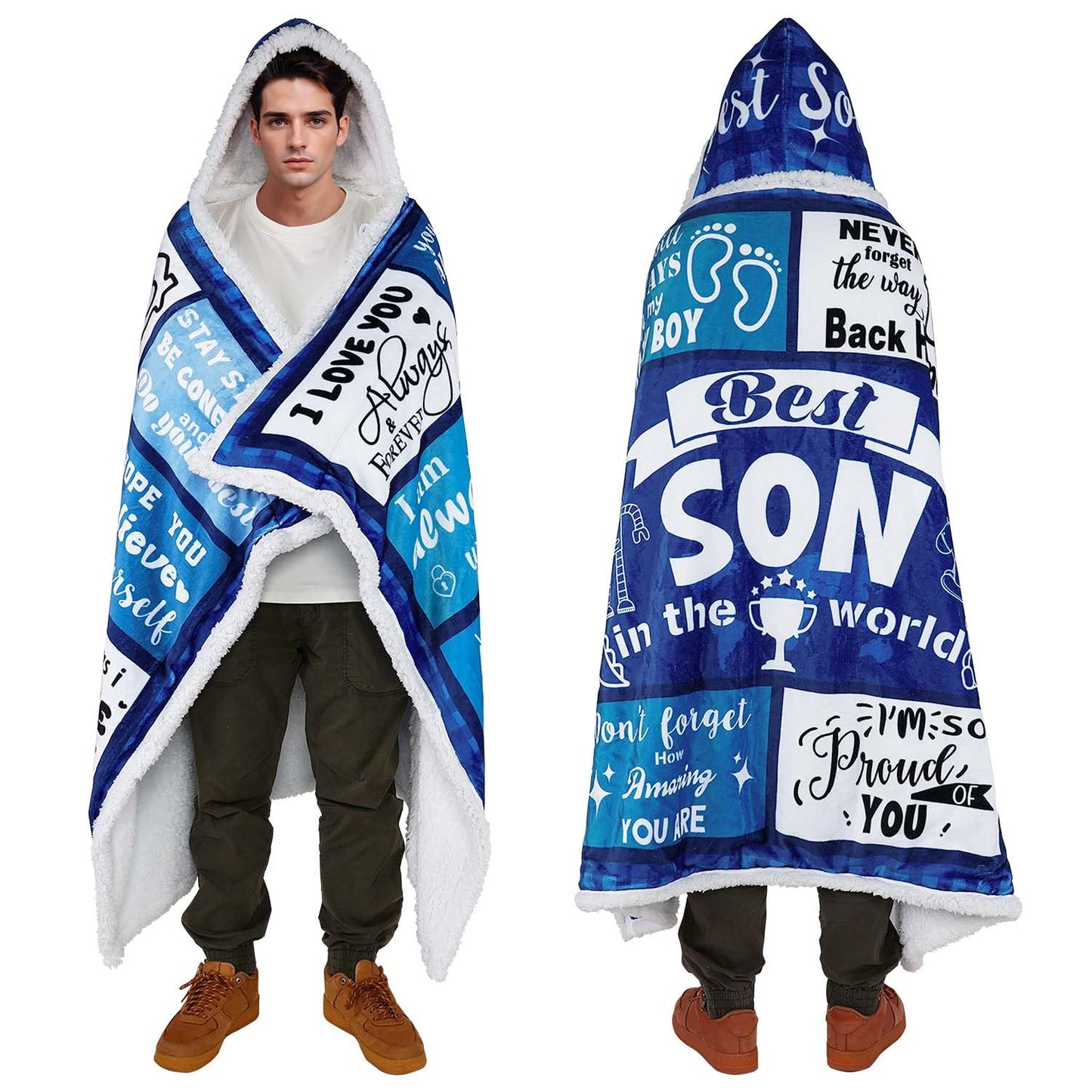 Father's Day Wearable Blanket Hoodie Gift for Son, Son Birthday Gifts from Mom Dad Parents, Soft Blue Throw Son Blankets for Christmas Graduation Ceremony