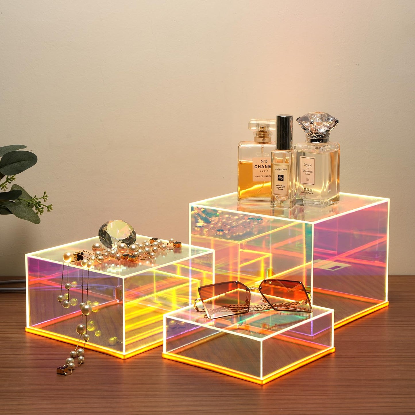 Prismatic Iridescent Display Risers with Plug and Play LED Lights, 3pc-6" 7" 8" Stackable Lighted Cube Box for Figures Jewelry Perfume Purse, Neon Acrylic Display Stands, Rainbow Food Buffet Riser