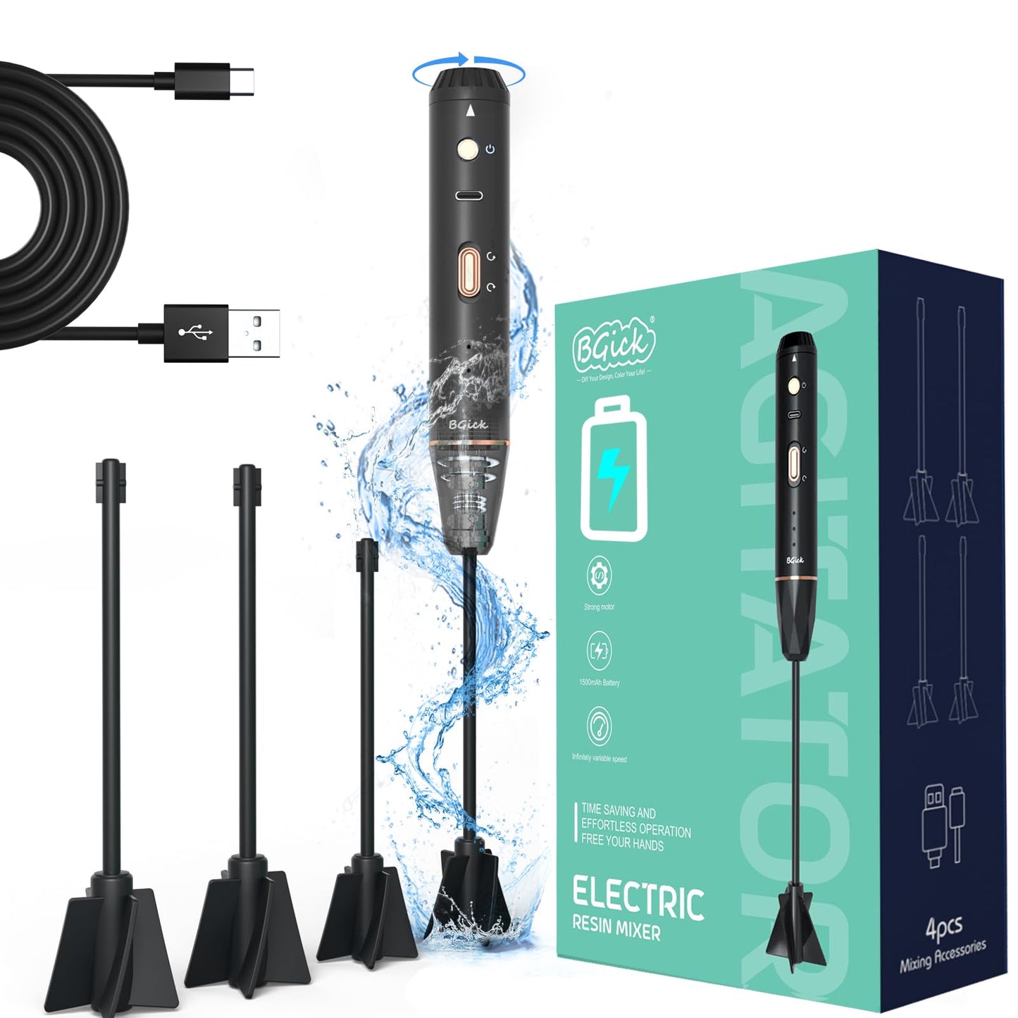 Upgraded Resin Mixer, Handheld Rechargeable Mixer with Minimizing Bubbles,Epoxy Resin Mixer for Resin, Silicone Mixing, Resin Molds, DIY Crafts (Included 4 pcs Paddles) (Black)