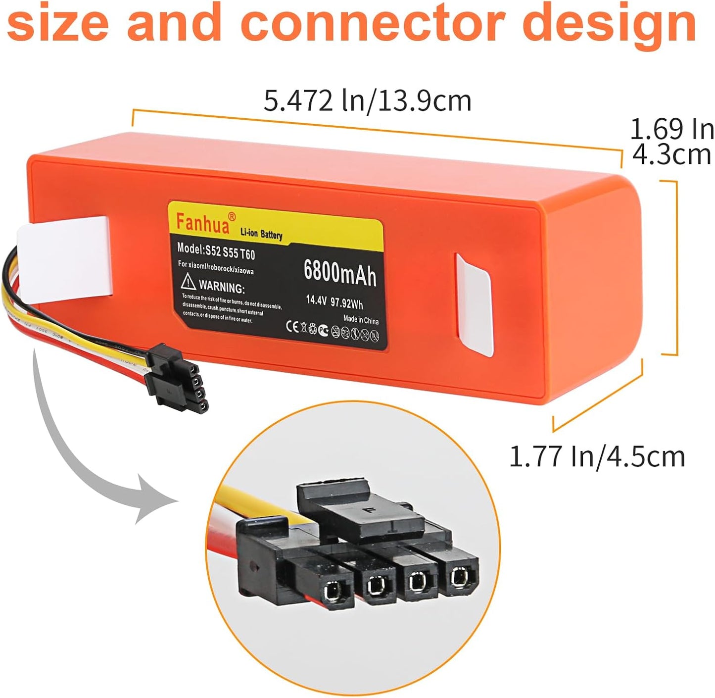 Replacement Battery 14.4V 6800mah Li-ion for Xiaomi Mijia Roborock S50 S51 S55 S5 E20 E25 C10 T6 T60 T65 S6 E35
