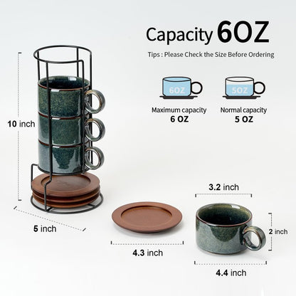 LUKA 6 Ounce Porcelain Stackable Espresso Cups with Saucers and Metal Stand Set of 4, Ceramic Cappuccino Cups Set for Specialty Coffee Drinks, Latte, Cafe Mocha and Tea, Kiln Tide Glaze