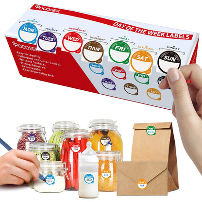 POCOSER Label Stickers for Food Containers with Dispenser Box, Removable Day Dot Food Labels Peel Tab 7 Day of The Week for Home Freezer Restaurant Supplies Week Monthly Planners Meal Prep Accessory