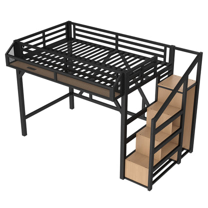 Bellemave Twin XL loft Bed with Storage Stairs, Wardrobe, Shelves, Metal Twin XL Size Loft Bed Frame for Adults, Kids, Teens, Black+Natural Wood