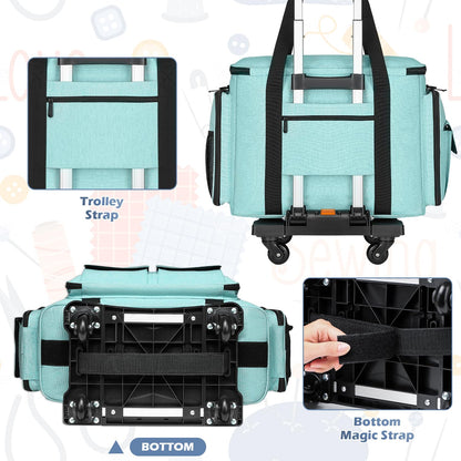 SLINRKE Sewing Machine Case with Wheels - Rolling Sewing Machine Tote with Removable Bottom Pad & Multiple Storage Pockets, Compatible with Singer & Brother (Teal)