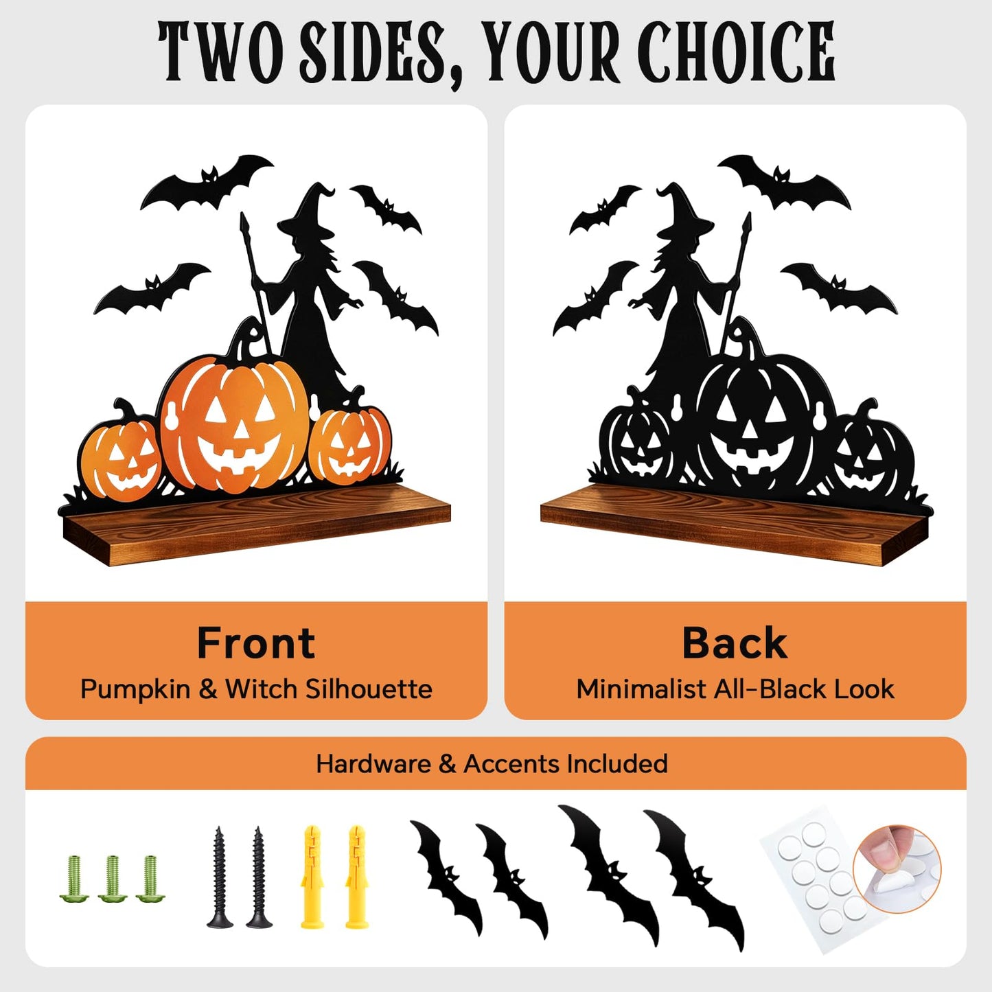 Pracaniz Halloween Pumpkin Shelf Decor, Witch Bat Iron Silhouette Tabletop Shelf Sitter with Rustic Wood Base, Halloween Mantel Decor Indoor, Witchy Gothic Accent for Crystals, 11" × 7.5"