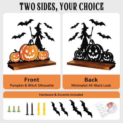 Pracaniz Halloween Pumpkin Shelf Decor, Witch Bat Iron Silhouette Tabletop Shelf Sitter with Rustic Wood Base, Halloween Mantel Decor Indoor, Witchy Gothic Accent for Crystals, 11" × 7.5"