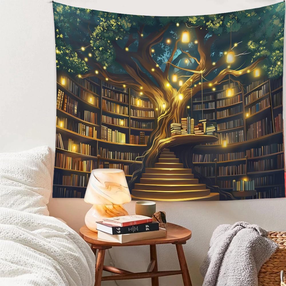 36"x48" Jhdstore Tree of life Tapestry Wall Hanging Fantasy Library Tapestry for Bedroom Mysterious Tree Bookshelf