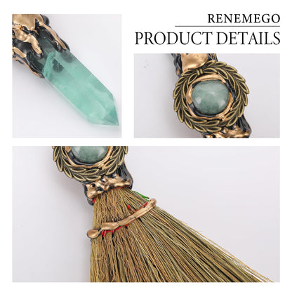 RENEMEGO Witch Broom Green Crystal - Witch Wiccan Altar Broom Witchcraft Witches Pagan Altar Decor Natural Reiki Energy Wand Stone Ritual Magic Ceremonial for Meditation Therapy Halloween Decorations