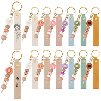 Wavyknot 12 Set Daisy and PU Leather Beadable Keychain Bars Bulk Laser Engraving Blanks Keychain Kit for DIY Crafts Jewelry (Pastel, Rectangle)