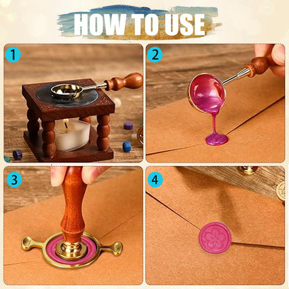 Wax Seal Stamp Kit,Vintage Classic Sealing Wax Stamp Heads with Wooden Handle & Metal Wax Seal Molds, with Envelope Greeting Card, for Gift Wrapping,Wedding, Party Invitations (Gold-A02)