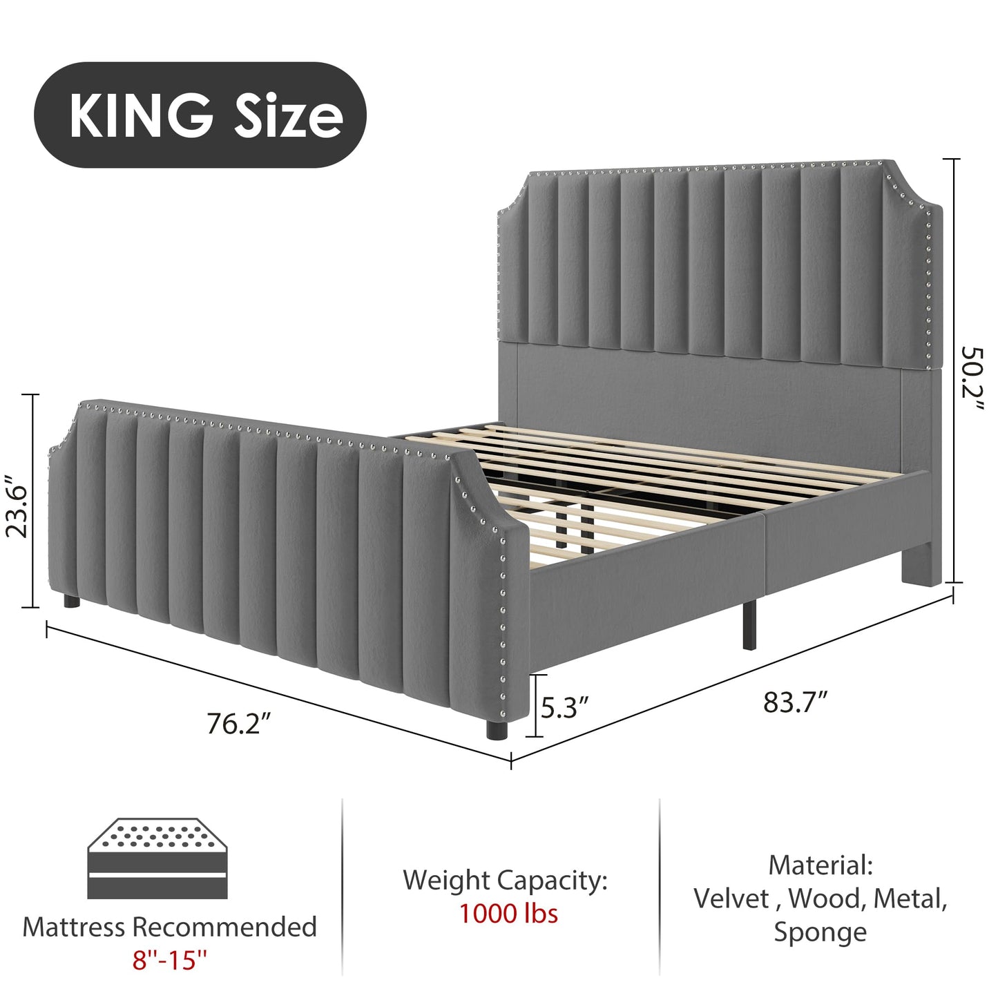 GarveeHome King Size Platform Bed Frame with 50.2 in Headboard, Velvet Upholstered Bed Frame King with Vertical Channel Tufted Headboard & Footboard, Nailhead Trim, No Box Spring Needed, Grey