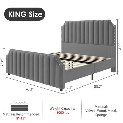 GarveeHome King Size Platform Bed Frame with 50.2 in Headboard, Velvet Upholstered Bed Frame King with Vertical Channel Tufted Headboard & Footboard, Nailhead Trim, No Box Spring Needed, Grey